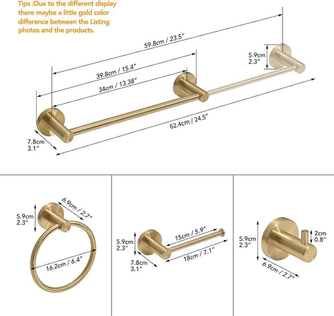 All-In-One Bathroom Accessories Set With Adjustable 16 To 26 Inch Towel Bar, Towel Ring, Toilet Paper Holder And Towel Hook, Wall Mounted Stainless Steel Brushed Gold Fixtures, Rustproof, Durable - Diagram showing dimensions of each item.