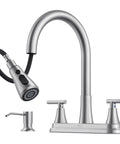 Sharp 8 Inch Two Handle Pull Down Kitchen Faucet With Integrated Soap Dispenser in brushed nickel finish with dual spray head.