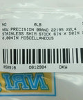Label on packaging for Stainless Shim Stock 6In By 50In By 0.004In 22L4 D612984 showing specifications and barcode.