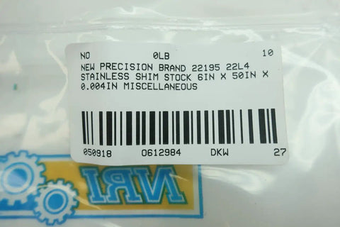 Label on packaging for Stainless Shim Stock 6In By 50In By 0.004In 22L4 D612984 showing specifications and barcode.