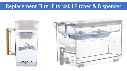 Replacement Filter For NFP100 Water Pitcher 3 Count Keeps Water Fresh Crystal Clear And Tasty For Your Fam Cuts 97 Percent Chlorine Mercury Rust And Particles For Safer Hydration, shown with Nakii filter pitcher and dispenser.