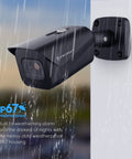 UltraHD 4K Outdoor Bullet Security IP PoE Camera with 98ft Night Vision, 2.8mm Lens, mounted on wall in rain showing IP67 feature