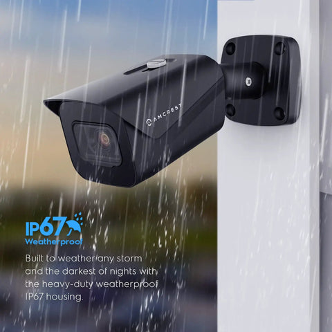 UltraHD 4K Outdoor Bullet Security IP PoE Camera with 98ft Night Vision, 2.8mm Lens, mounted on wall in rain showing IP67 feature
