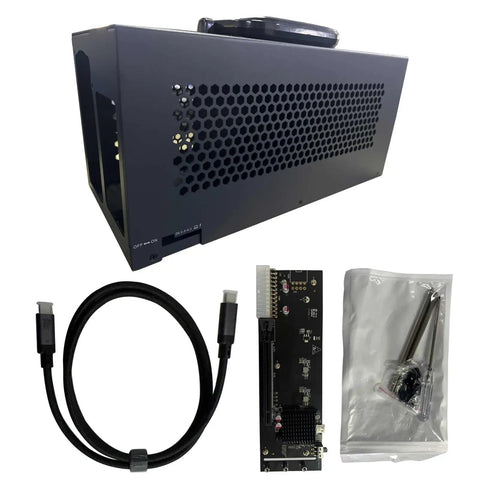 Rockin Dual Atx Power Egpu Dock For Laptops And Kickin Gaming Video Editing Performance Up To 40gbps Usb Type C Expansion Enclosure, steel chassis, included PCIe adapters and USB cable.