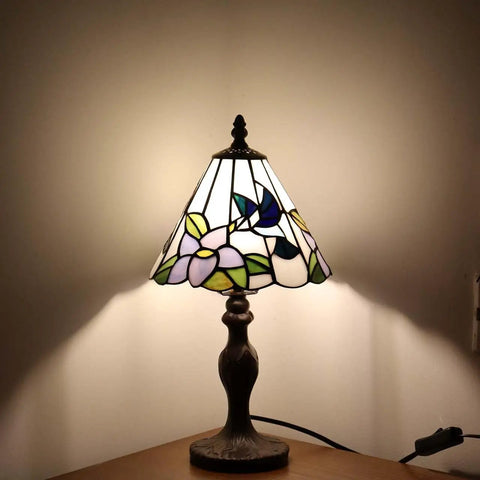 Hummingbird Tiffany Style Stained Glass Table Lamp Night Light With 8 Inch Shade and 15 Inch Tall Metal Base, Cozy Ambiance