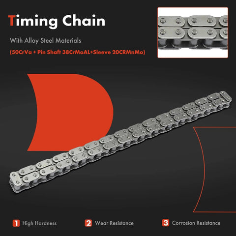 Close-up of timing chain from 3 Piece Engine Timing Chain Kit With Sprocket And Tensioner For Chevy GMC And Cadillac V8 Cars And SUVs