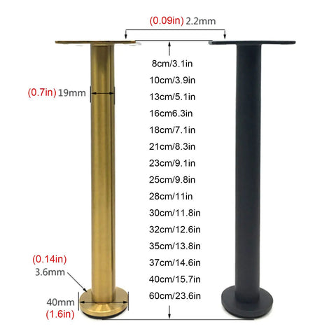 Adjustable 23.6 Inch Stainless Steel Furniture Legs Set Of 4 With Gold Finish shown with measurements for sofa and table
