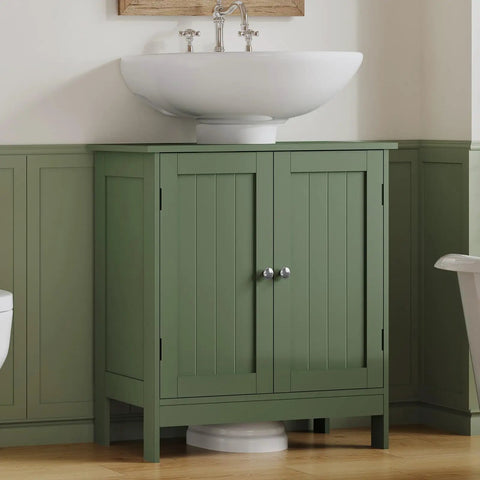 Slick U Shaped Under Bathroom Sink Cabinet With Two Smooth Doors And Nifty Open Shelf To Dodge Pesky Plumbing Pipes And Stash Cleaners In Modern Green Space Saver