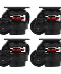 Heavy Duty Leveling Caster Set Rock Solid Adjustable Metal Composite Wheels Four Pack, black wheels with precision plate mount.