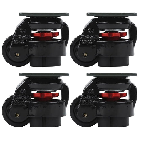 Heavy Duty Leveling Caster Set Rock Solid Adjustable Metal Composite Wheels Four Pack, black wheels with precision plate mount.