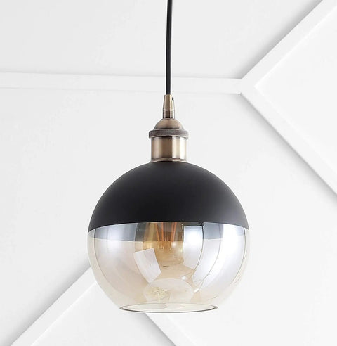 Brass Gold And Black Mid Century Modern Globe Pendant Light With Adjustable Cord And LED Bulbs Included, Champagne Smoked Glass Shade For Kitchen Island, Dope Hanging Ceiling Fixture.