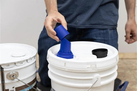5 Gallon Paint Pour Spout For Buckets With Lid Spout And Multi Pail Fit Mess Free Pouring Tool Fits Plastic And Metal Pails Three Pull Apart Fittings Easy Spill Proof Pouring Accessory on white plastic pail