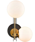 Black And Gold Globe Wall Sconce Set Two Light Fixture In Mid Mod Style Brass And Black Finish With Milk Glass Globes wall view