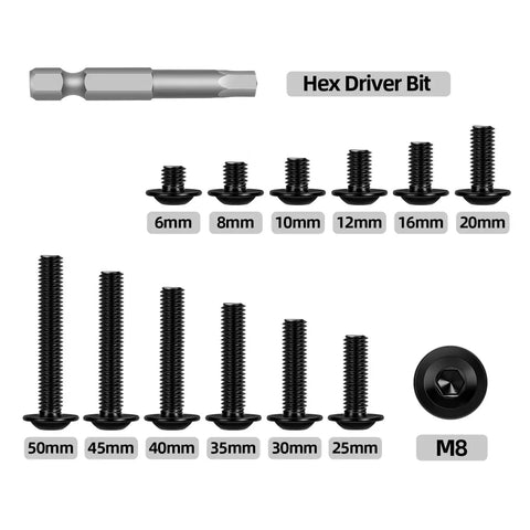 20 Pack M8 X 25mm Flanged Button Head Socket Cap Screws 304 Stainless Steel Fasteners Black Coated With Hex Driver showcasing sizes and hex driver.