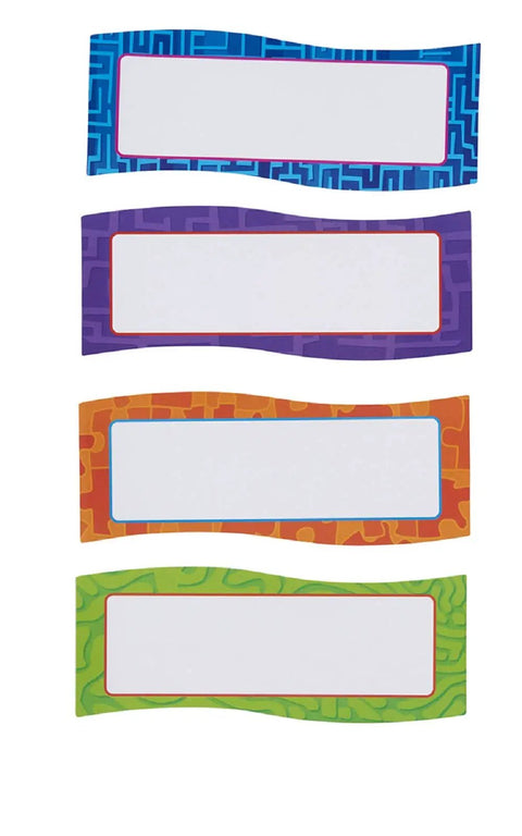 Magnetic Name Plates For Desks And Classrooms Reusable Dry Erase Name Tags Set Of 20 In Four Colors, shown in blue, purple, orange, and green.