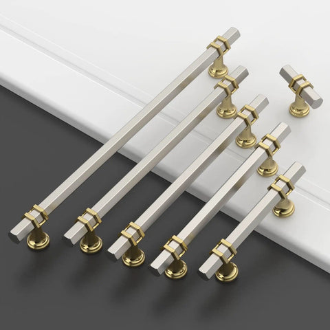 Premium Brushed Satin Nickel And Gold Cabinet Pulls 10 Pack Featuring 5 Inch 128mm Spacing modern drawer handles laid out.