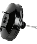 Heavy Duty Vacuum Power Brake Booster Straight Bolt Up For 1985 To 1991 Chevrolet Corvette close-up view showing black finish, hard pushrod and mounting bolts.