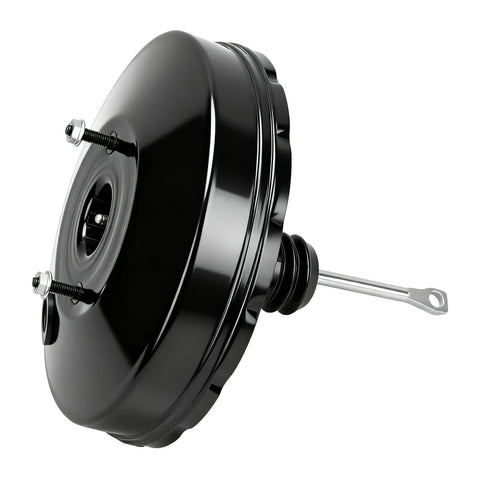 Heavy Duty Vacuum Power Brake Booster Straight Bolt Up For 1985 To 1991 Chevrolet Corvette close-up view showing black finish, hard pushrod and mounting bolts.