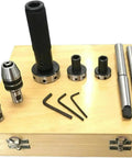 Presize Mt2 Lathe Tailstock Tap And Die Holder Kit featuring Eight Piece Threading Set With Precision Morse Taper Shank For Pro Machinists Working On Metal Projects In Professional Shops. Eight-piece MT2 tap and die holder set with wooden storage box