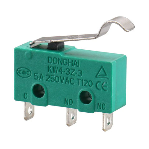 Arc Hinge Lever Micro Switch KW4-3Z-3 Momentary SPDT 1NO 1NC 5A 125V And 250V AC with solder terminals, green casing