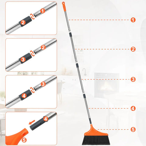 Four Pack Heavy Duty Angle Broom With Fifty Two Inch Handle, showing adjustable stick and split bristles for easy cleanup.