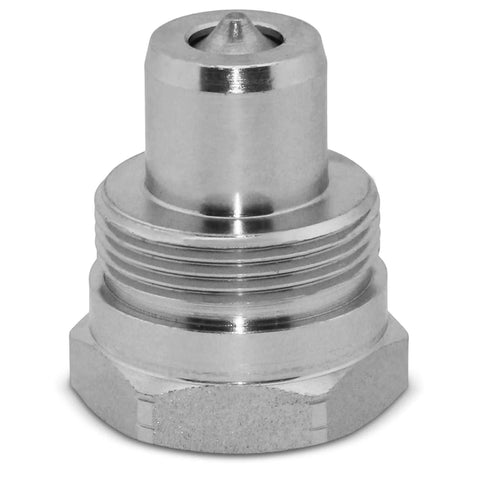 Front view of chrome hydraulic quick-connect plug with 3/8-inch thread and hex base.