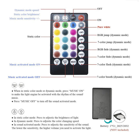 Remote control for Compact Starlight Headliner Fiber Optic Lights Kit showing music activation and RGB mode buttons.
