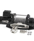 Heavy Duty Simulated Metal Electric Winch For Traxxas TRX4 SCX10 with motor, steel cable, and mounting hardware on black base.