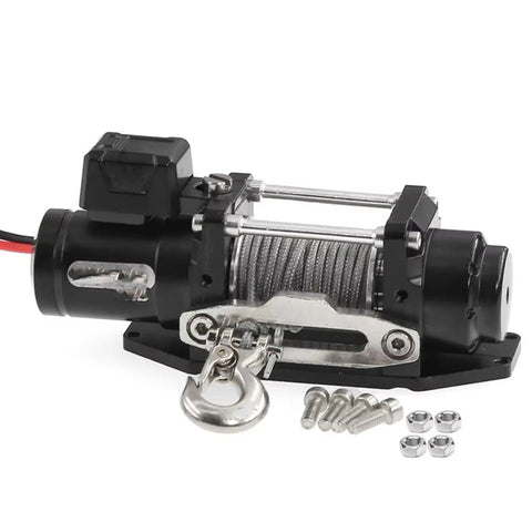 Heavy Duty Simulated Metal Electric Winch For Traxxas TRX4 SCX10 with motor, steel cable, and mounting hardware on black base.