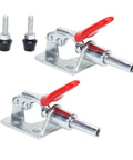 Hardcore Toggle Clamp With 400 Lb Holding Capacity And Quick Release Lever For Woodworking Or Metalworking Jigs And DIY Projects featuring two metal clamps with red levers.