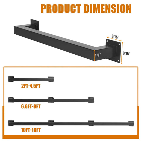 Heavy Duty 14 Foot Wall Mount Stair Handrail Built Like A Tank Steel Rail Matte Black dimensions showing various lengths and measurements.