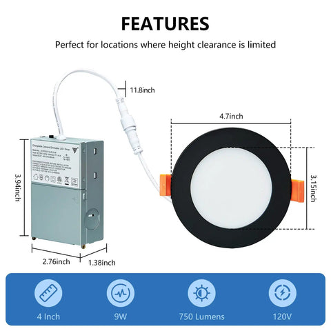 Black Recessed Canless 4 Inch Wafer Pot Lighting With Junction Box Dimmable 5 Color Temperature Selectable 2700K To 5000K 9W 120V IC Rated ETL 6 Pack Easy Install showing dimensions and specs of junction box and light.
