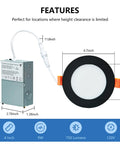 Diagram showing 12 Pack Black Recessed Lights Canless 4 Inch Soffit Wafer Lighting With Junction Box, IC Rated, Dimmable, 120V.
