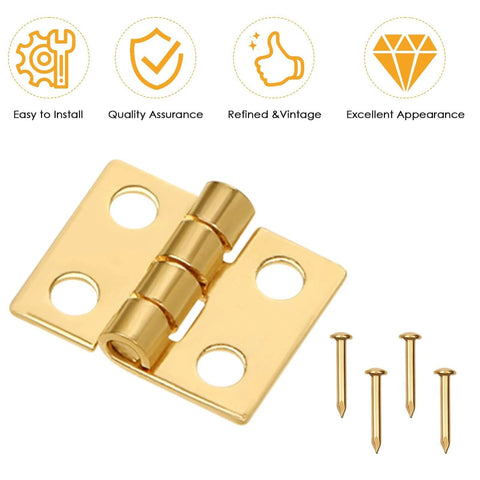 24 Pcs Dollhouse Hinges 10x8mm 180 Degree Stainless Steel Gold Tiny Hinges For Miniature Furniture And Jewelry Boxes With 96 Screws Included By SynHHnergyx, showing a gold hinge with screws