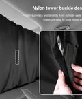 Top Shelf Heavy Duty Blackout Privacy Curtains For Tesla Cybertruck rear window showing nylon tower buckle design for easy access.
