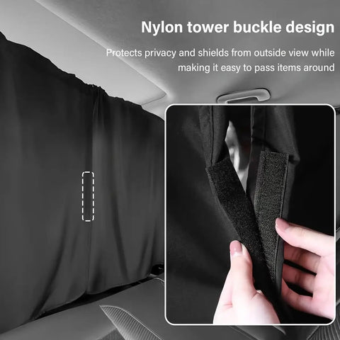 Top Shelf Heavy Duty Blackout Privacy Curtains For Tesla Cybertruck rear window showing nylon tower buckle design for easy access.