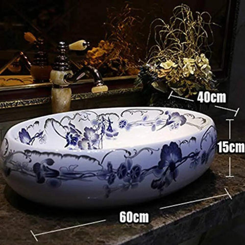 Heavy Duty Morning Glory Oval Bathroom Sink Crafted From Glossy Ceramic Featuring No Splash Countertop Mount And Sloped Drainage For Easy Cleanup And Total Powder Room Vibes, showing dimensions 60cm x 40cm x 15cm.