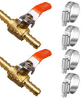 Beefy 3/8 Inch Brass Shut Off Ball Valve With Hose Barb Fittings For Water And Fuel Lines RV Gas Air Tubing Straight Inlet Petcock Heavy Duty 2 Pack With Clamps