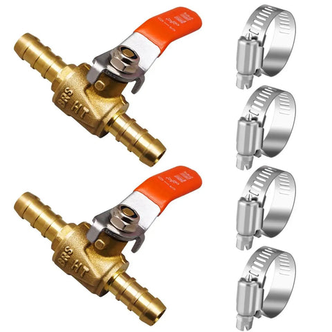Beefy 3/8 Inch Brass Shut Off Ball Valve With Hose Barb Fittings For Water And Fuel Lines RV Gas Air Tubing Straight Inlet Petcock Heavy Duty 2 Pack With Clamps