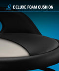 Close-up of backrest shop stool with deluxe foam cushion seat, showing padded design for comfort in garages and workshops.