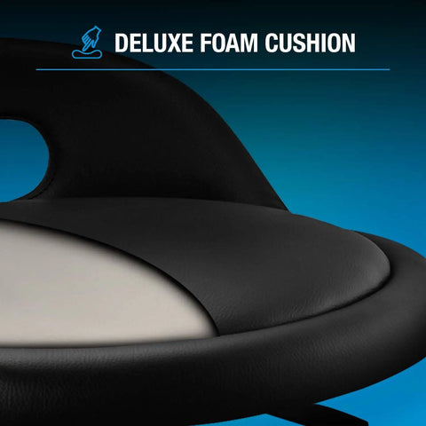 Close-up of backrest shop stool with deluxe foam cushion seat, showing padded design for comfort in garages and workshops.