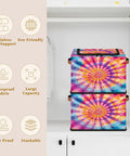Boho Tie Dye Storage Bins With Lids Foldable Closet Organizers, 14x10x10 inches, colorful polyester fabric in closet.