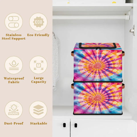 Boho Tie Dye Storage Bins With Lids Foldable Closet Organizers, 14x10x10 inches, colorful polyester fabric in closet.