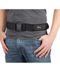 Person wearing a detachable waist belt for the ProTactic 450 AW II Camera Backpack With All Weather Cover for extra support.