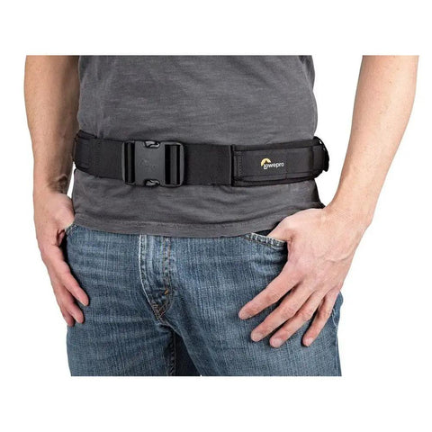 Person wearing a detachable waist belt for the ProTactic 450 AW II Camera Backpack With All Weather Cover for extra support.
