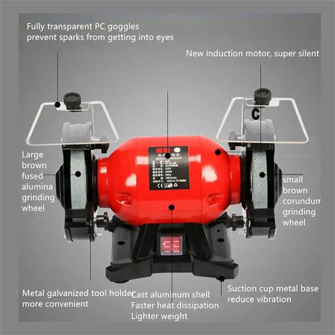 No-Nonsense Bench Grinder Featuring Quiet Brushless Motor 550 Watt Spinning At 2950 Rpm With Tough 36 And 80 Grit Wheels image showing grinding wheels and motor features.