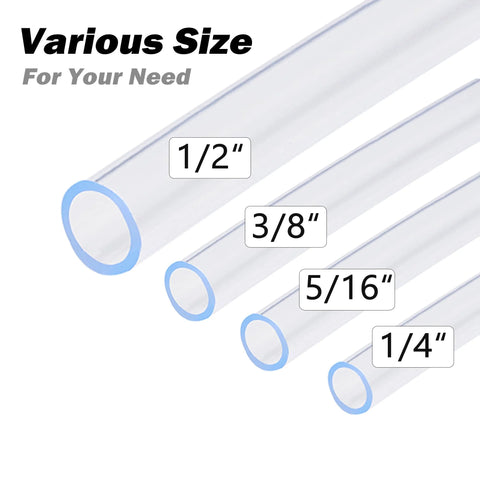 Clear vinyl tubing set in four sizes (1/4, 5/16, 3/8, 1/2 in) with blue ends, angled side view