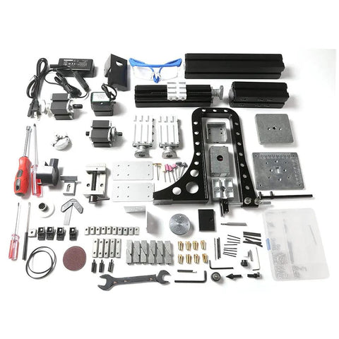 Fafeicy 24W Mini Milling Lathe 6 In 1 Mechanical Accessory For Metal And Woodworking Small workshop DIY Gear assembled components layout.