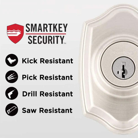 Front Door Lock Handle And Deadbolt Set With Exterior Handleset And Interior Knob Satin Nickel Finish Pick Resistant SmartKey Rekey Security for Easy Home Entry showing SmartKey Security features.