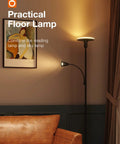 Torchiere Floor Lamp With Adjustable Reading Light Remote Control And Foot Switch in cozy living room corner setting.